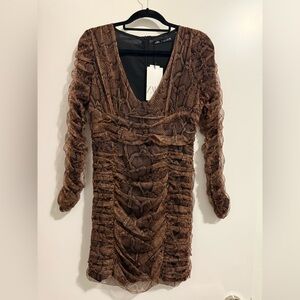 Zara Brown Snake-Print Ruched Long-Sleeve Dress